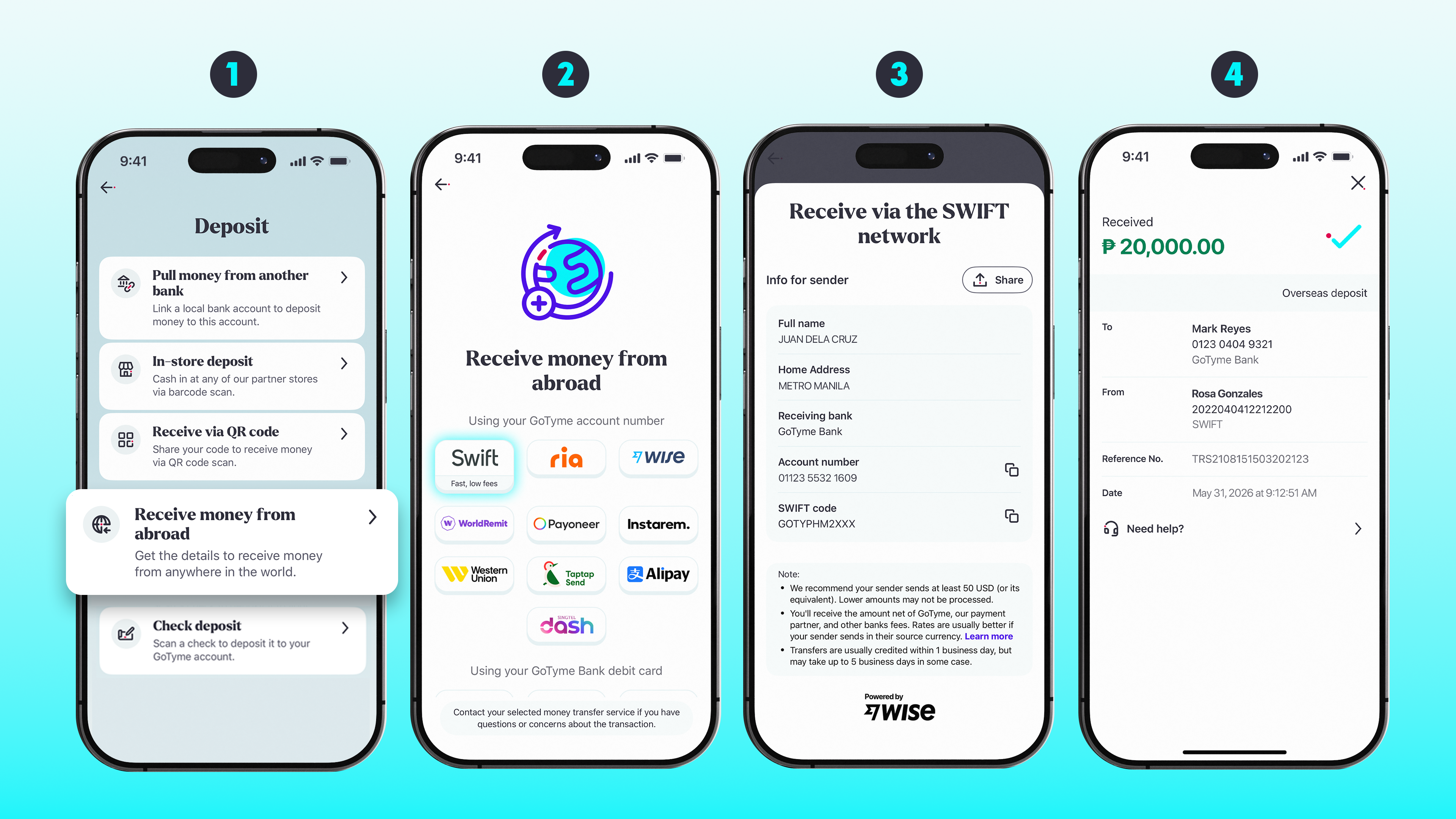 Step-by-step process of receiving international payments in the GoTyme Bank app